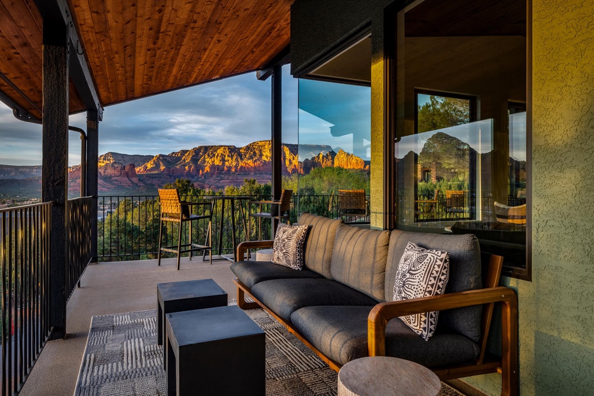 Sip your morning coffee or evening wine on the private terrace with panoramic Sedona red rock views.