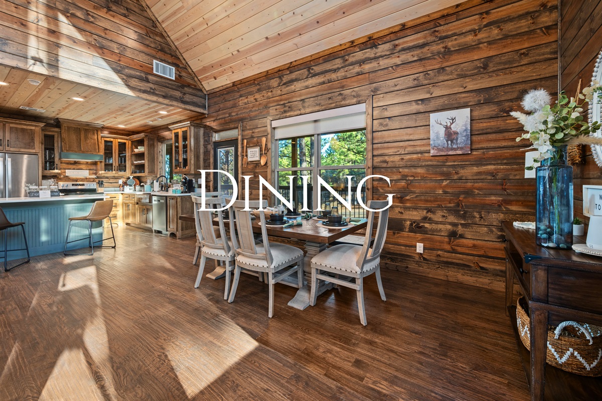 Gather around the dining table for family-style meals, board games, or a slow breakfast while you soak in the peaceful cabin setting.