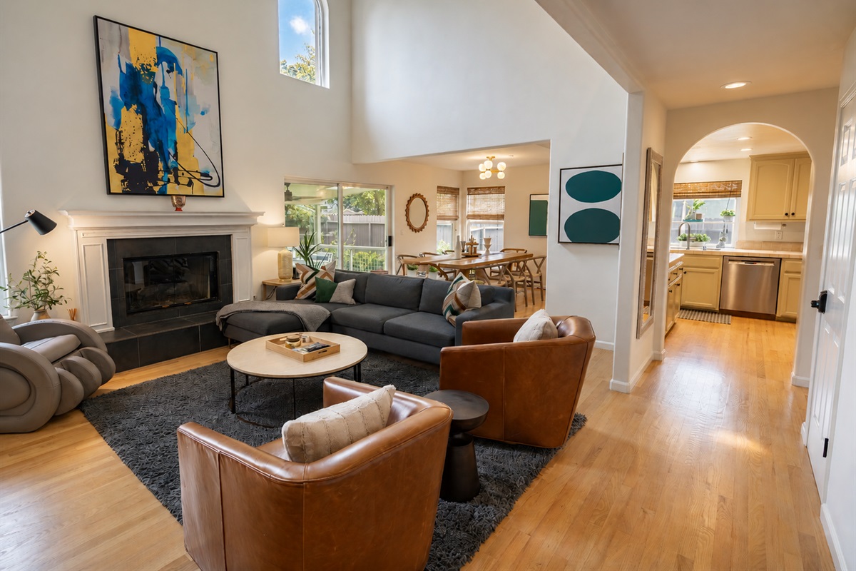 Living area with smart tv, massage chair and fireplace