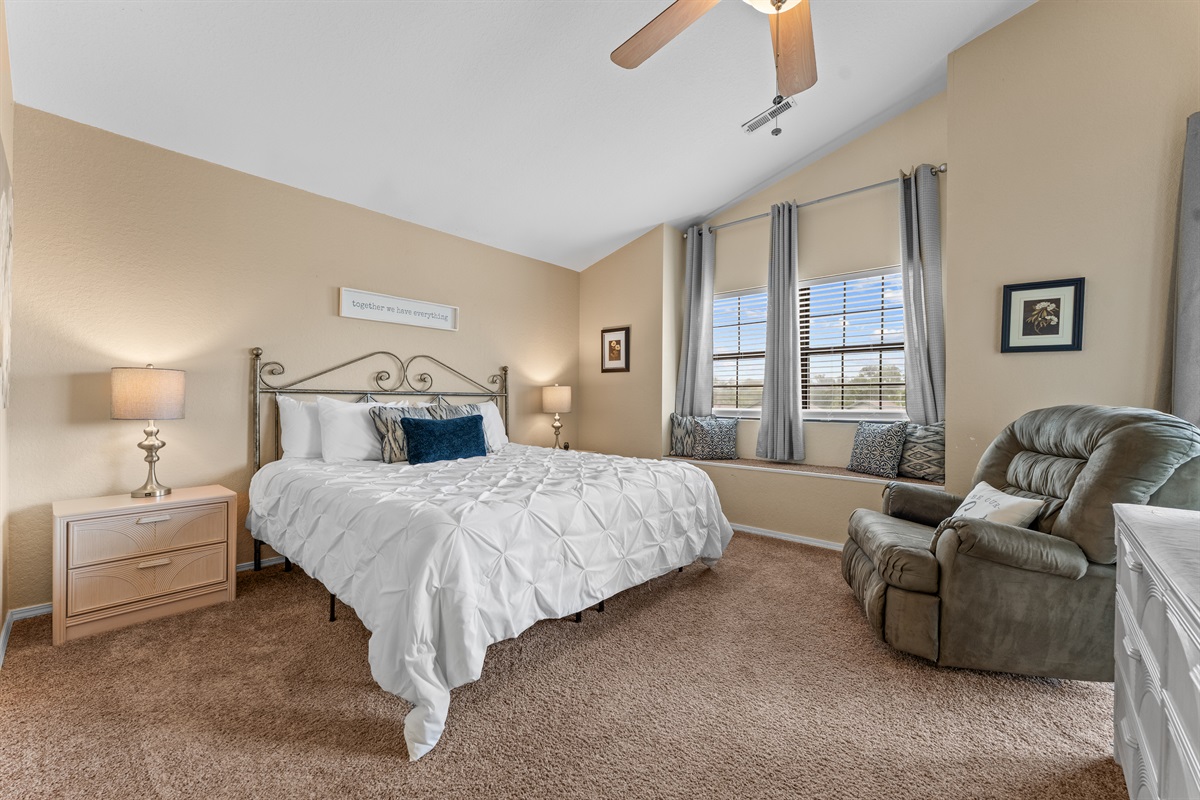 The king primary suite offers a calm place to unwind, with a plush Casper mattress and room to spread out.