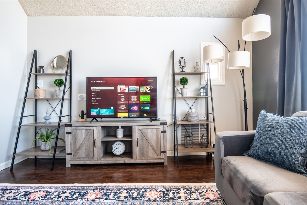 The living room has a loaded smart TV with all your favorite streaming channels available, coupled with fast wifi! Both bedrooms also have their own Smart TVs, as well making every room streaming-friendly.