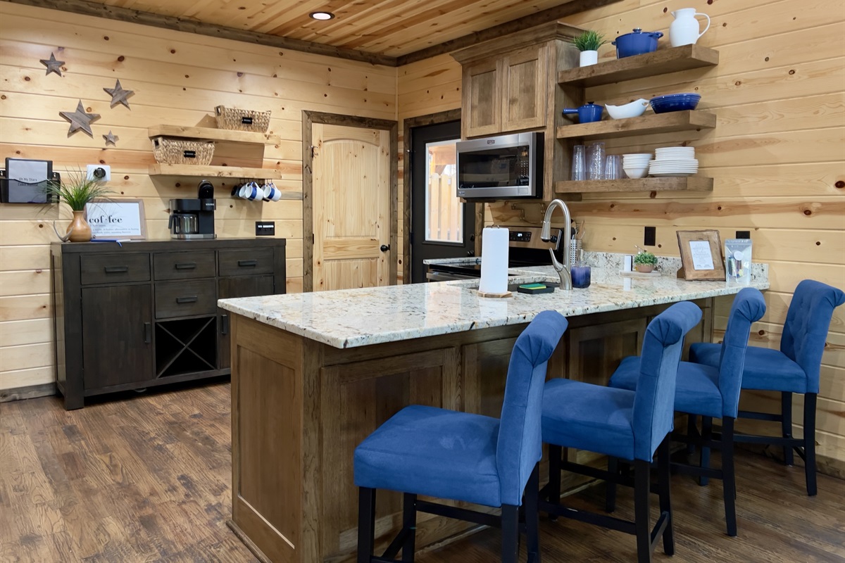 Enjoy the coffee station with additional shelf space for groceries!