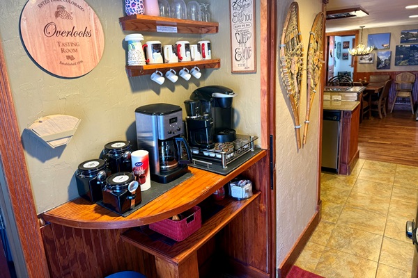 Dedicated coffee bar with drip and single‑serve options, mugs, and everything needed for a great morning.