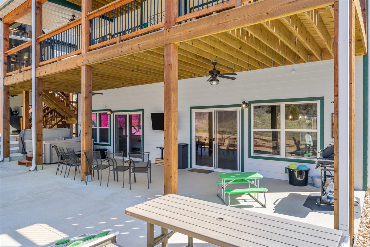 Seating outdoors with fans