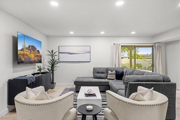 Comfortable living room with large TV—perfect for movie nights