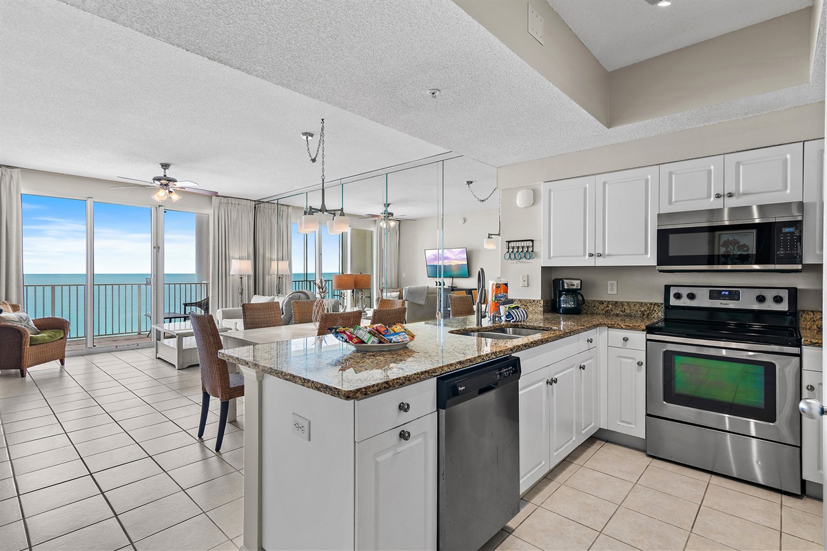 Cook delicious meals while overlooking the Gulf of Mexico in the updated kitchen at Majestic Sun A1105!