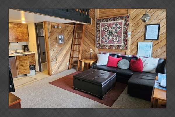 Livingroom area, kitchen, loft, bathroom overview.
