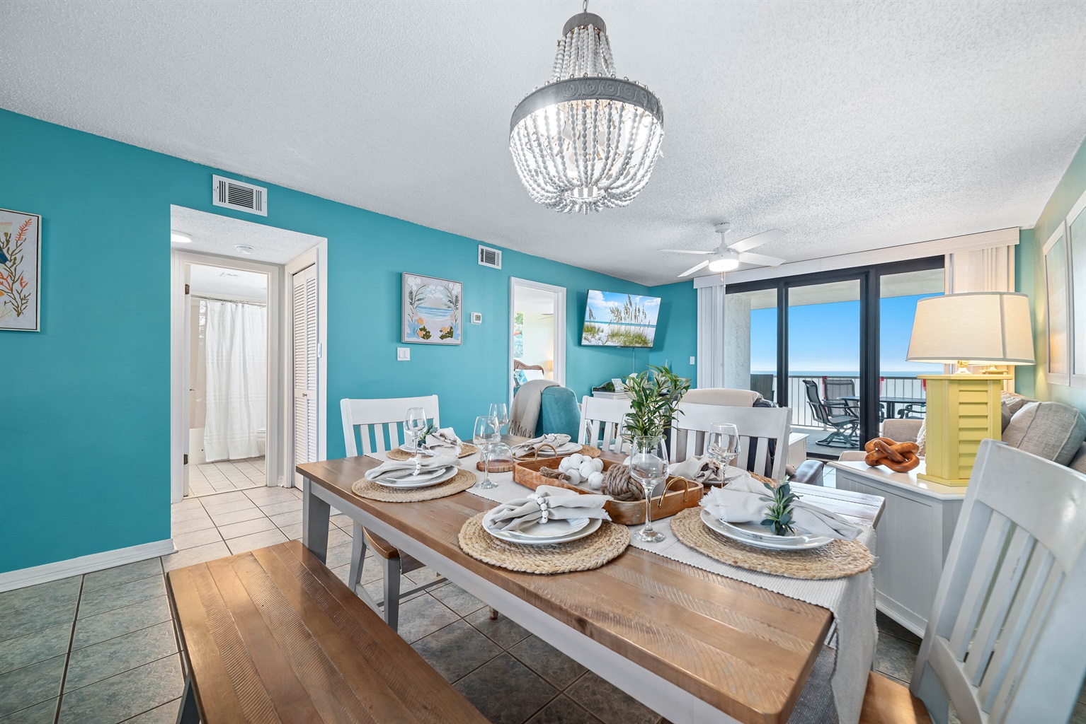 Dine with an ocean vista. This charming dining area offers the ideal setting to savor meals while enjoying breathtaking views of the sparkling coastline.