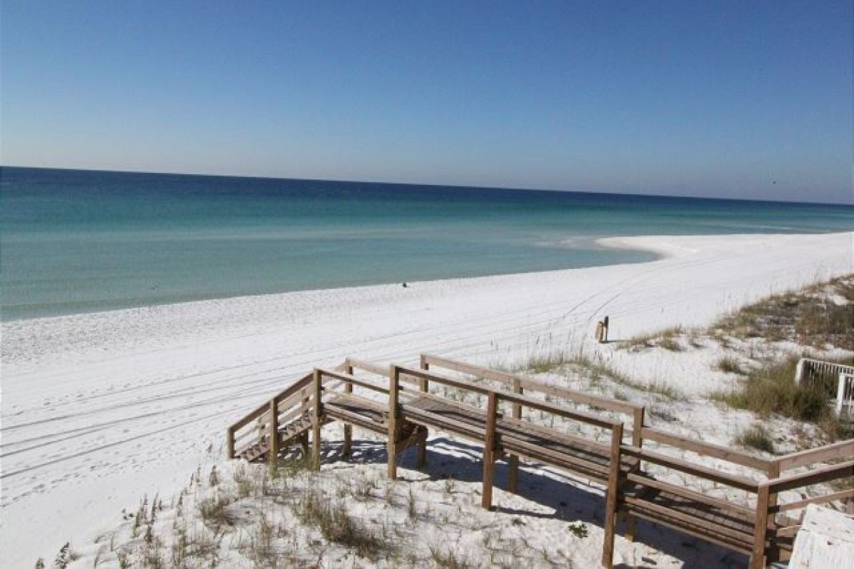 Sugar white sand and beach boardwalk at Sandestin, a tram ride from the front door