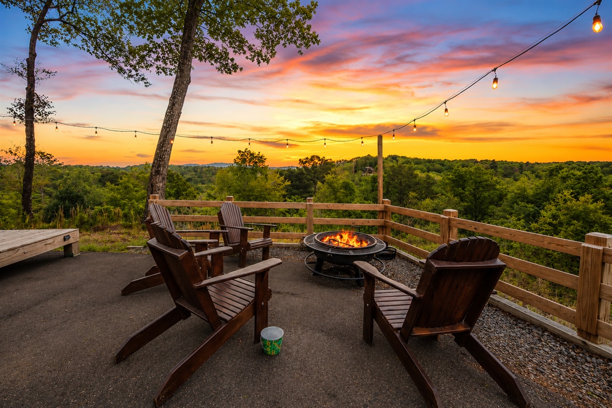 The fire pit creates a cozy gathering spot, inviting guests to relax and share stories under the stars while enjoying the warmth of a crackling fire.