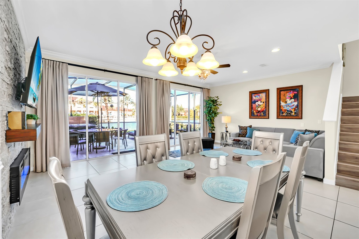 Dining area overlooking living room and lanai