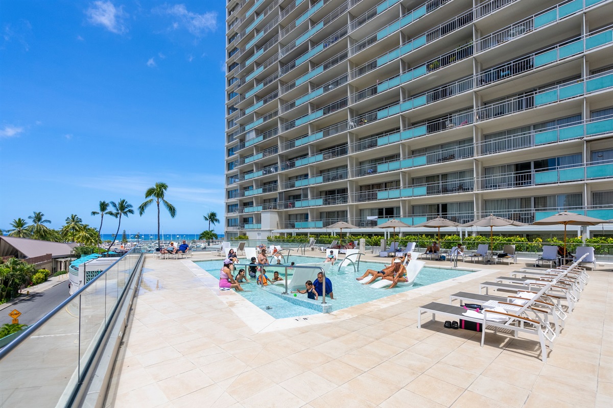 Hotel pool located on the lobby level of the hotel.  Sun chaise lounges available for your relaxation