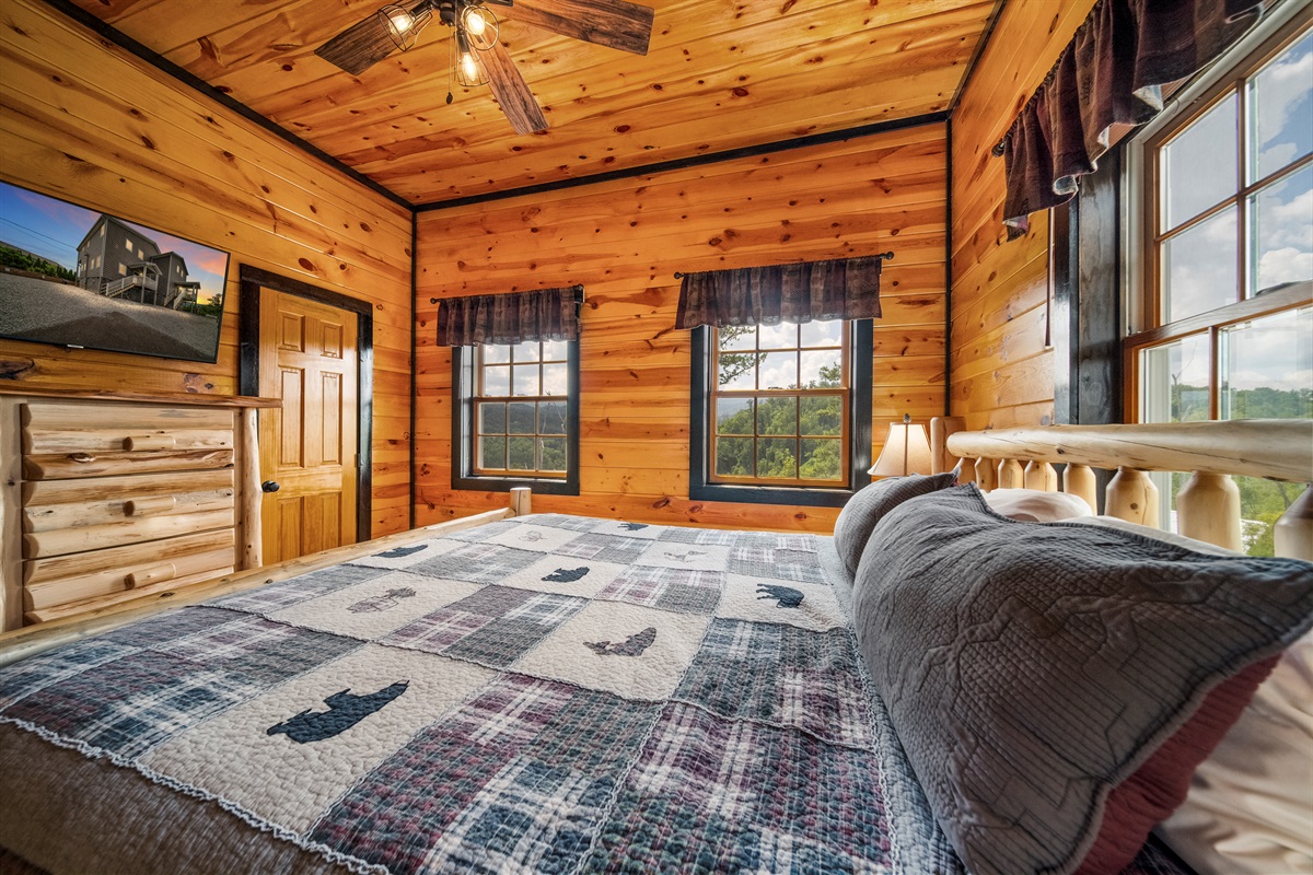 Each bedroom has a king mattress from the Bellagio Hotel Collection, large closet, large T/V, 2 night stands and views out every window.