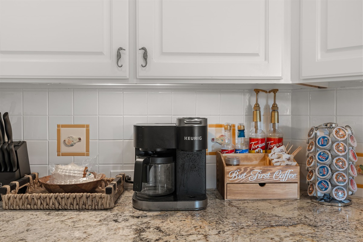 Brew your favorite cup right here — a fully stocked coffee bar to start your day.