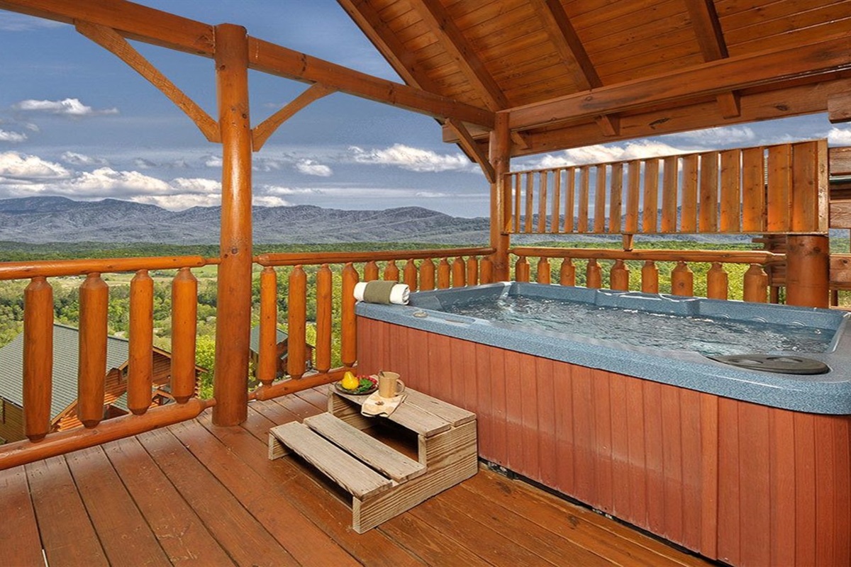- Private hot tub overlooking the Great Smoky Mountains in total serenity   - Soak under the covered deck as the clouds drift across the horizon   - The ultimate relaxation spot for starlit evenings and sunset views