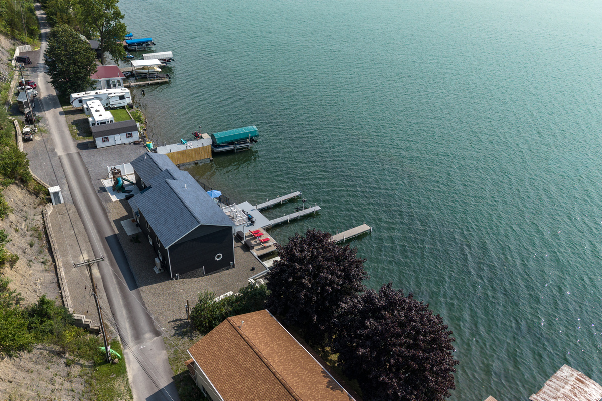 Aerial view showing the dock and shoreline