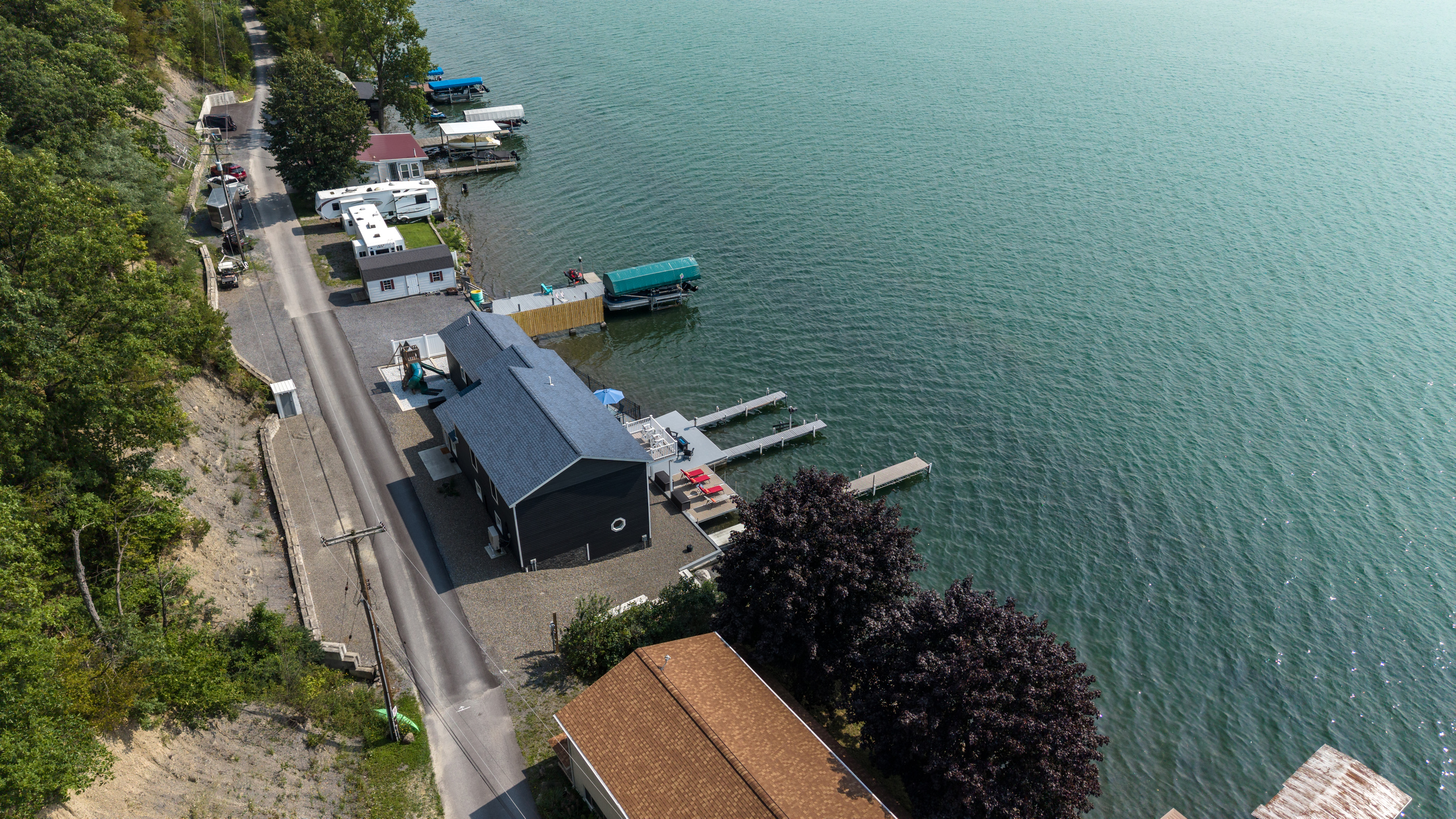 Aerial view showing the dock and shoreline
