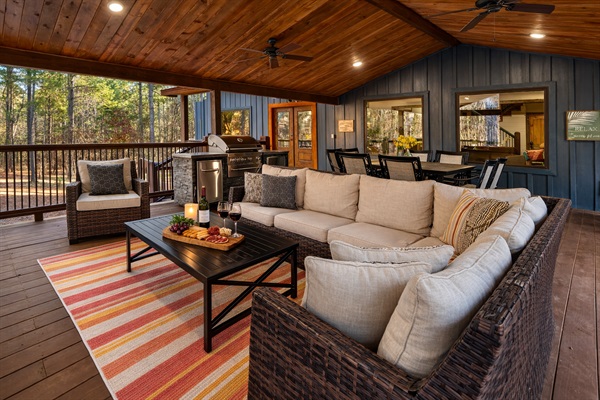 Warm up by the fireplace with a crowd. Plenty of seating for cozy gatherings.
