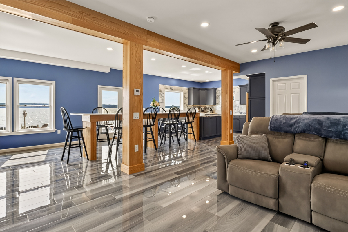 Open layout with exposed wood beams