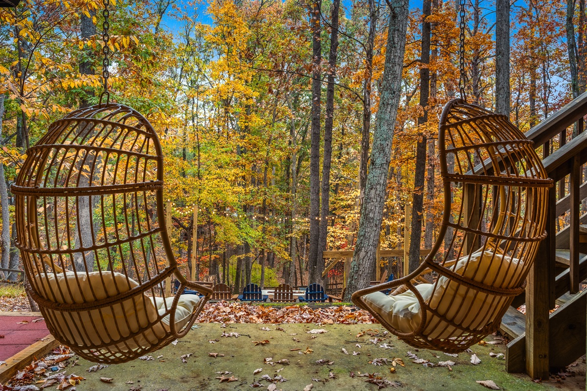 Two hanging egg chairs, one perfect slow morning. Sip, sway, and watch the forest do its thing.