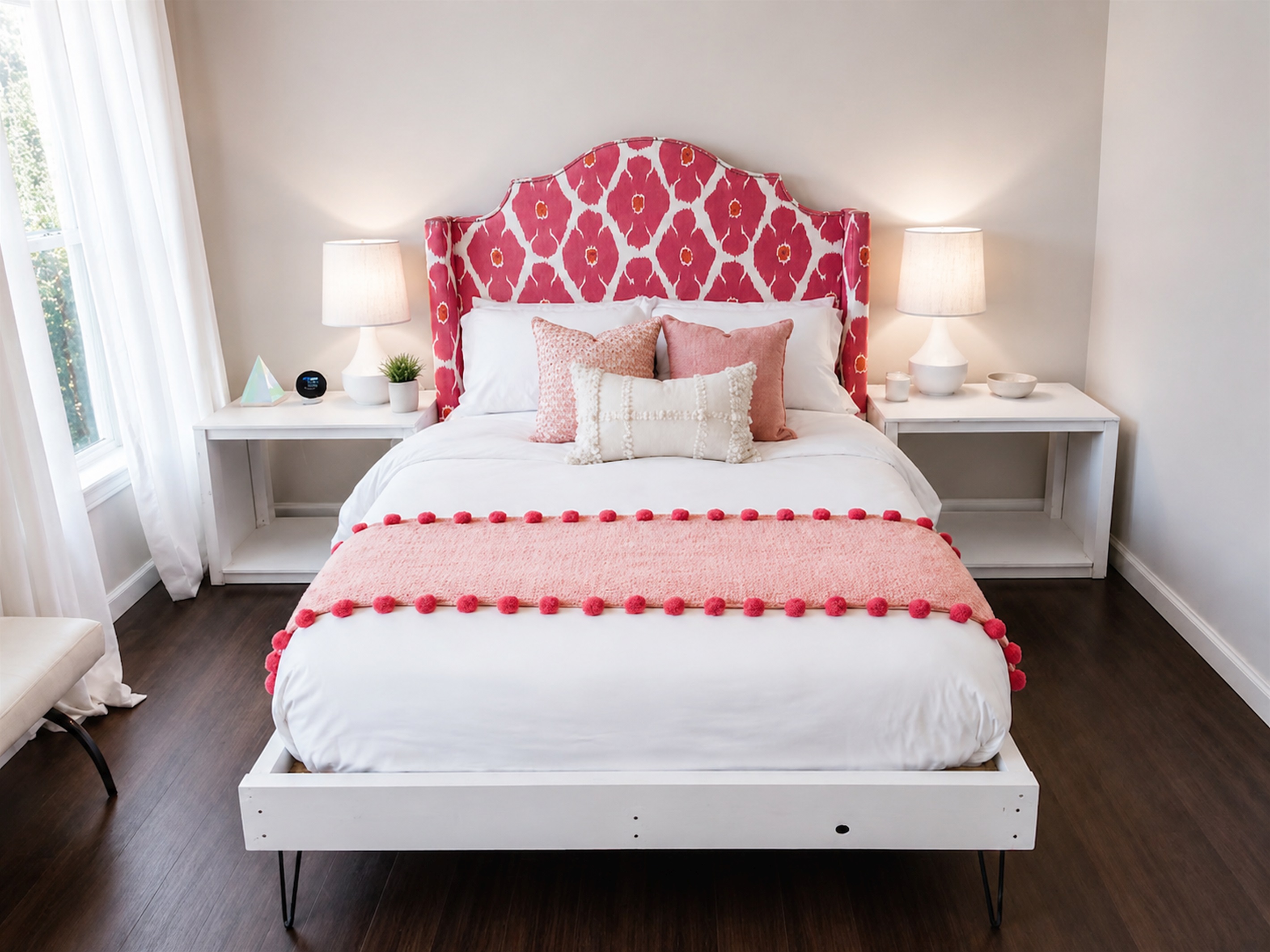 Stylish guest bedroom with bold designer headboard, cozy bedding, and warm ambient lighting