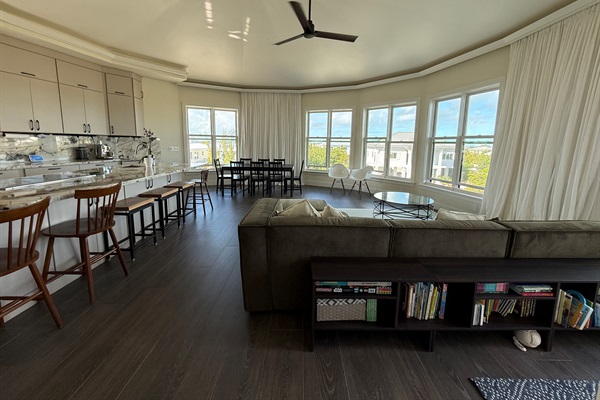 Kitchen, dining and living room west view
