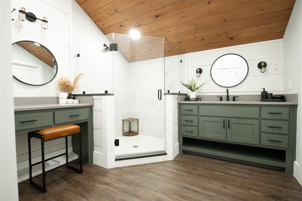 King Suite 2 Bath | Spa-inspired design with dual vanities and glass walk-in shower