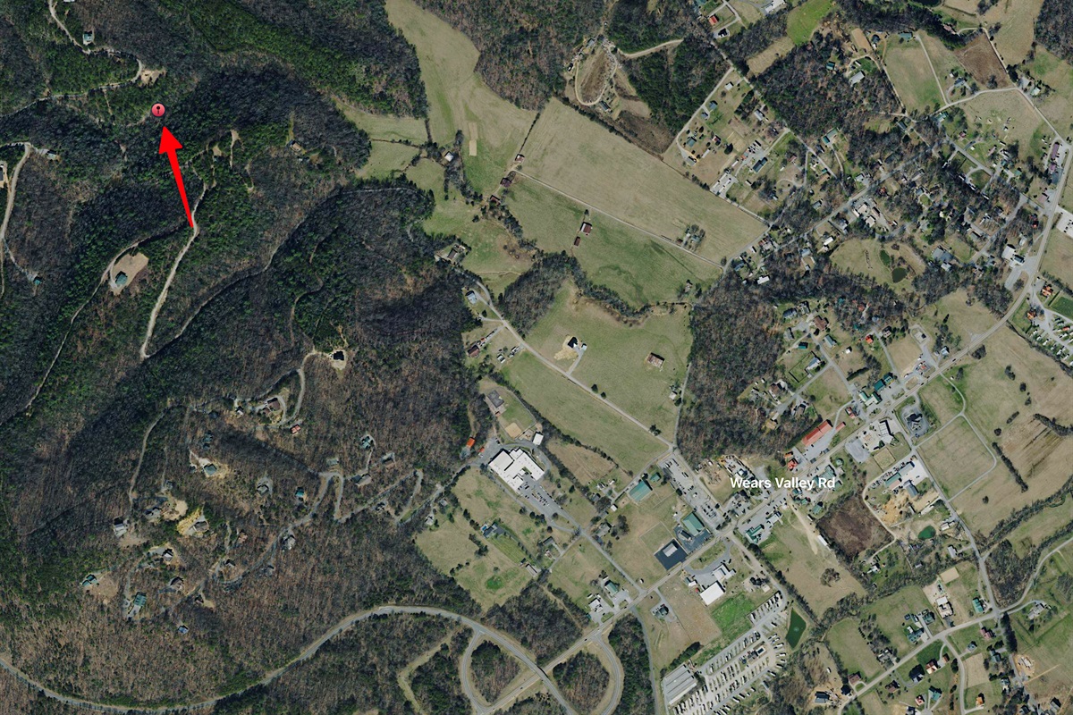 This satellite image shows how private it is at Mountain Air. And close to Wears Valley restaurants/shops, Great Smoky Mountains National Park (GSMNP), Pigeon Forge, Dollywood, and Gatlinburg!