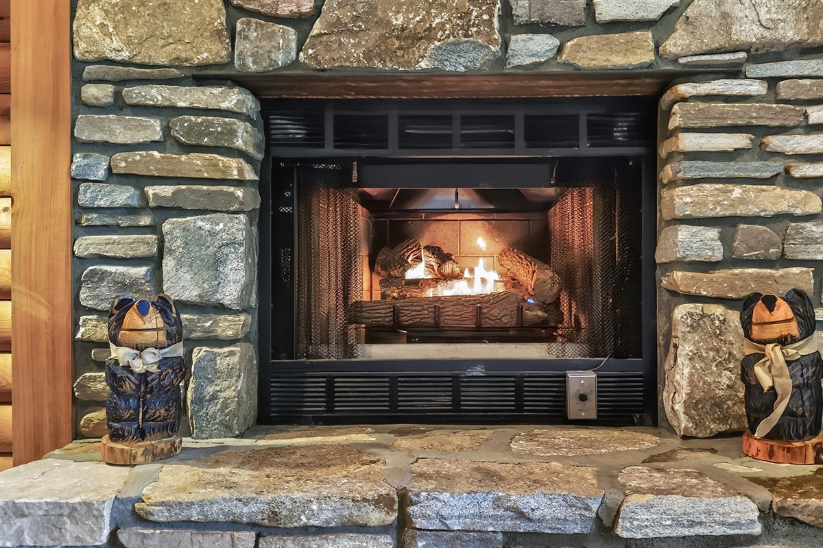 Large stone gas fireplace