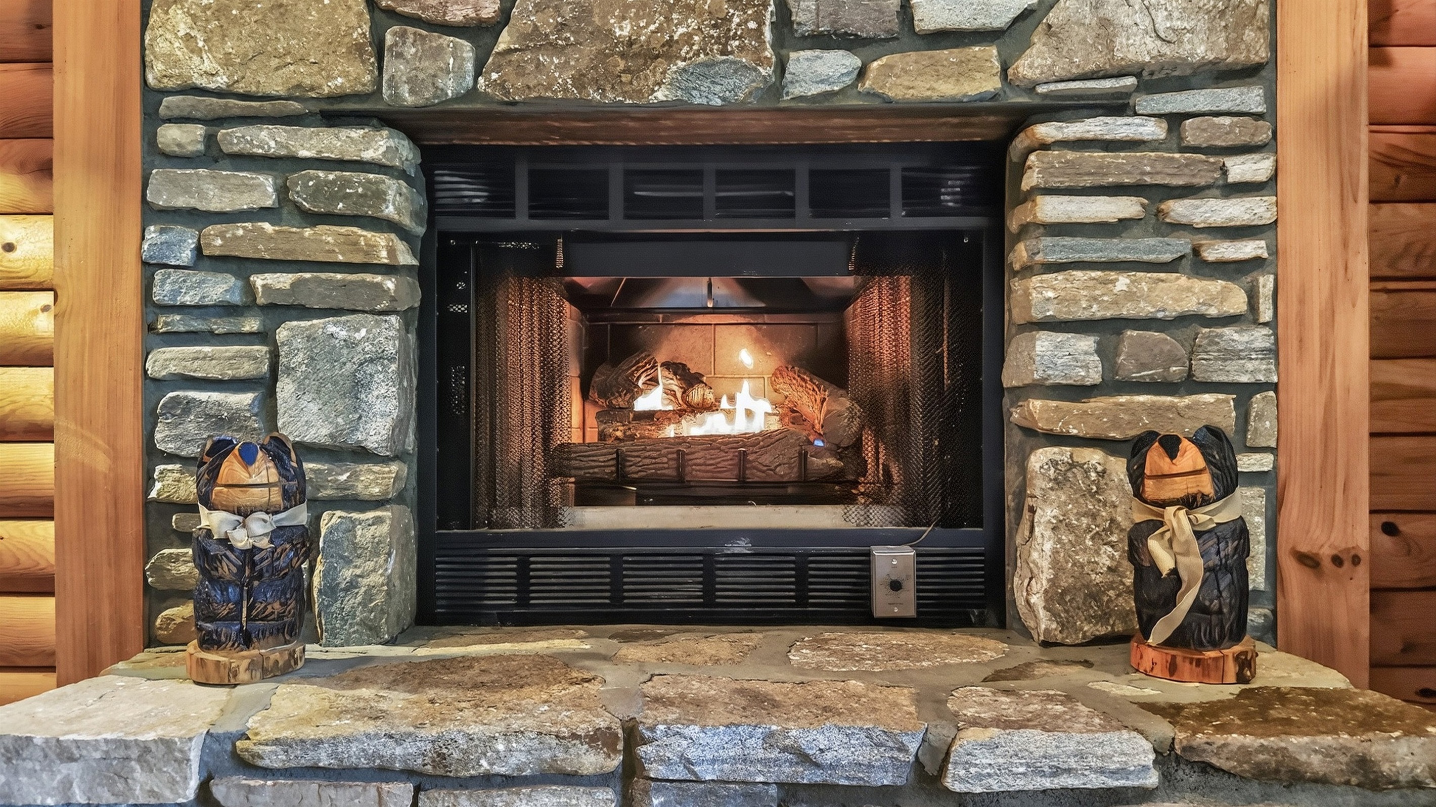Large stone gas fireplace