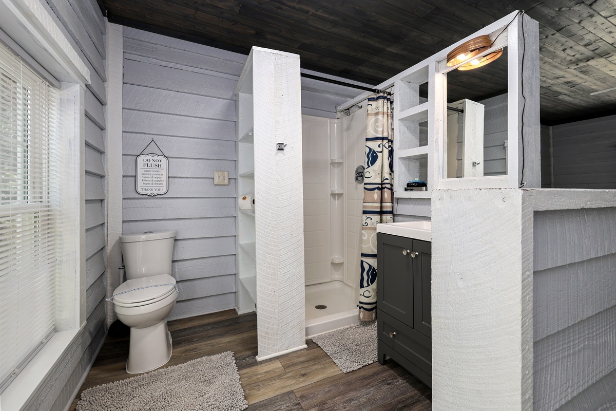 Ensuite Bathroom with shower, *note there are a few steps to the bathroom