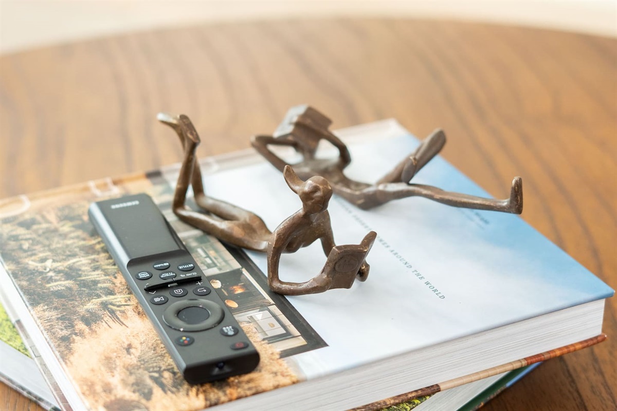 Cute wooden figurines and a handy remote add thoughtful, cozy touches that make the living room feel warm and inviting.