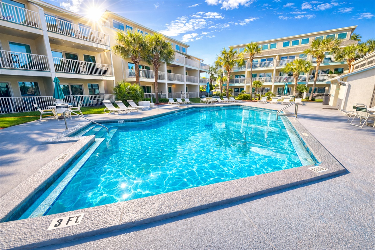 Community pool with TONS of seating