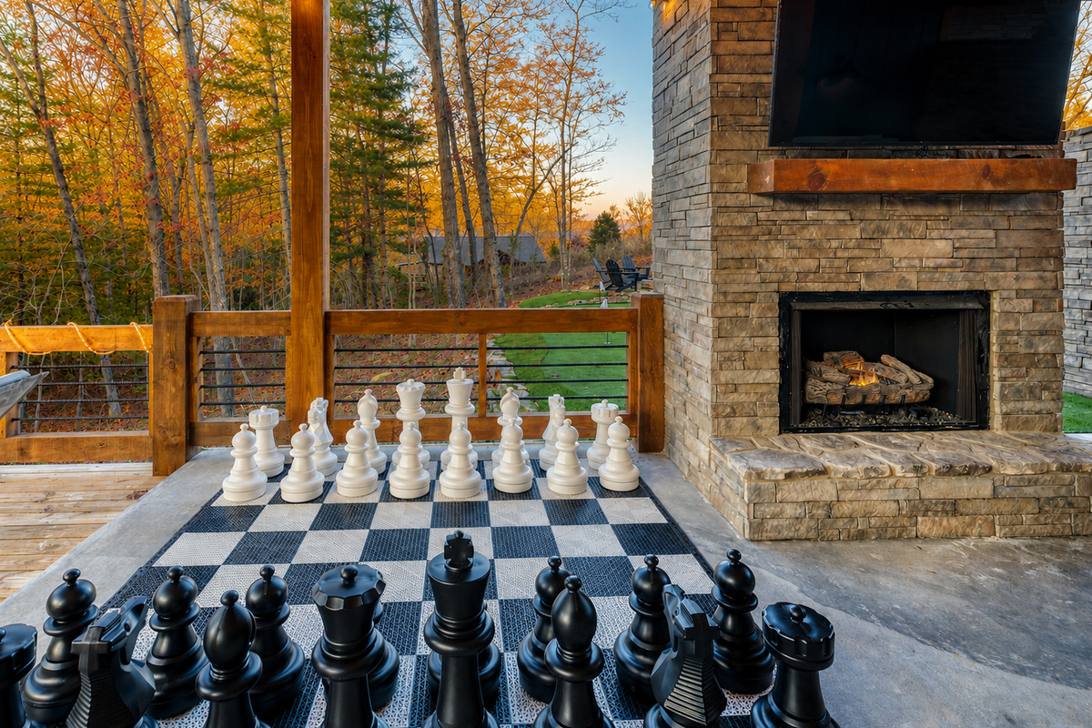 Giant chess overlooking the putting green and mountains