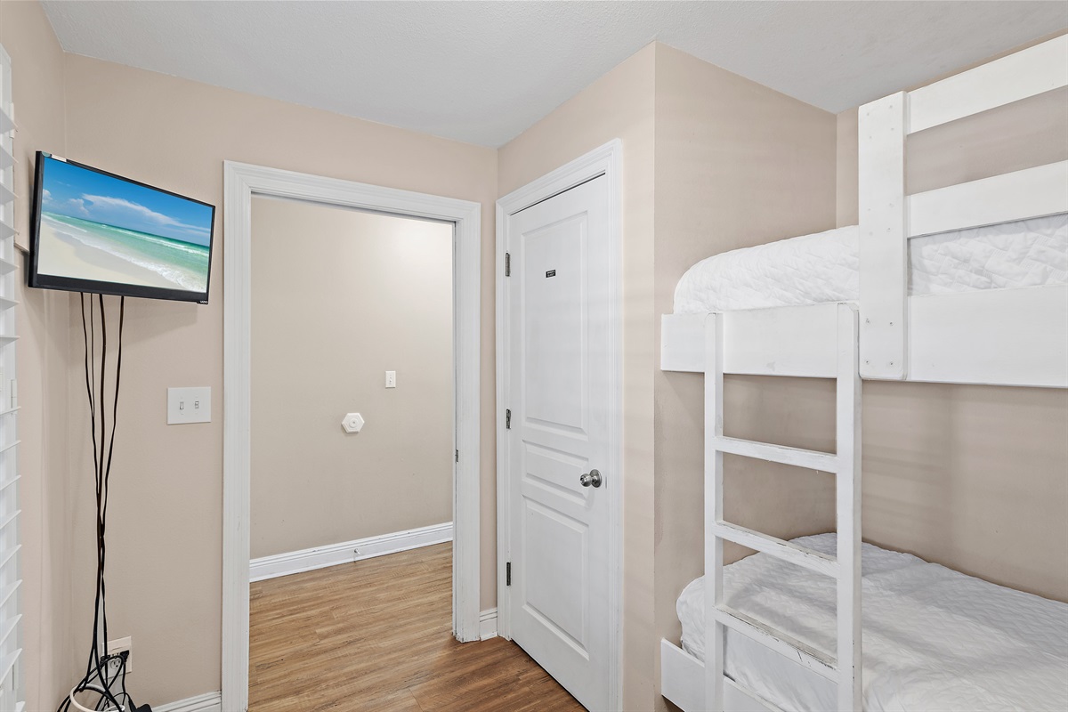 Bedroom 3: Twin Bunk Beds, Smart TV, Access to Bedroom 2 Bathroom via hallway door (Sleeps 2)