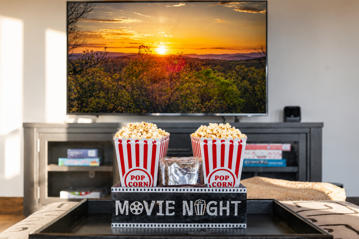 Evenings done right. Popcorn, lights low, views outside. 
