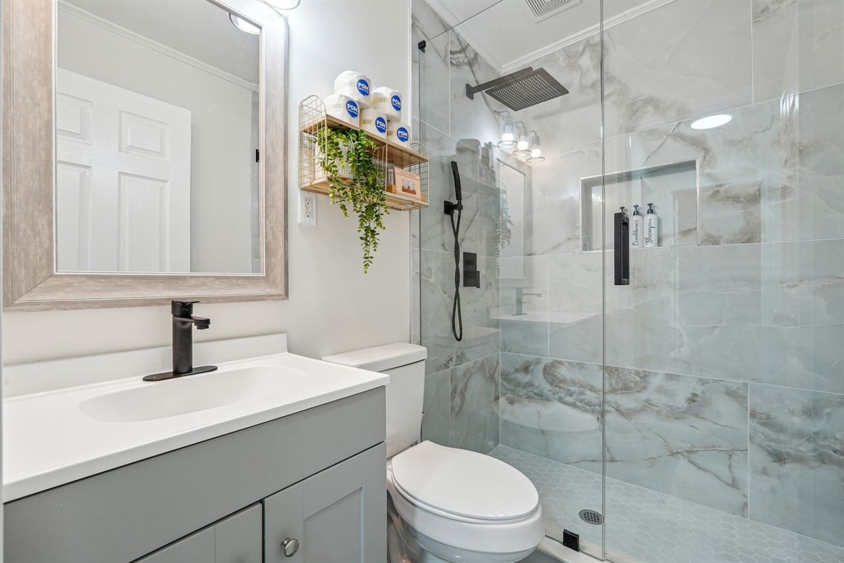 A clean and well-equipped bathroom featuring a mirror, sink, toilet with toilet paper provided, and a shower with both hot and cold water. Essentials like shampoo, conditioner, and body wash are also available for your convenience.
