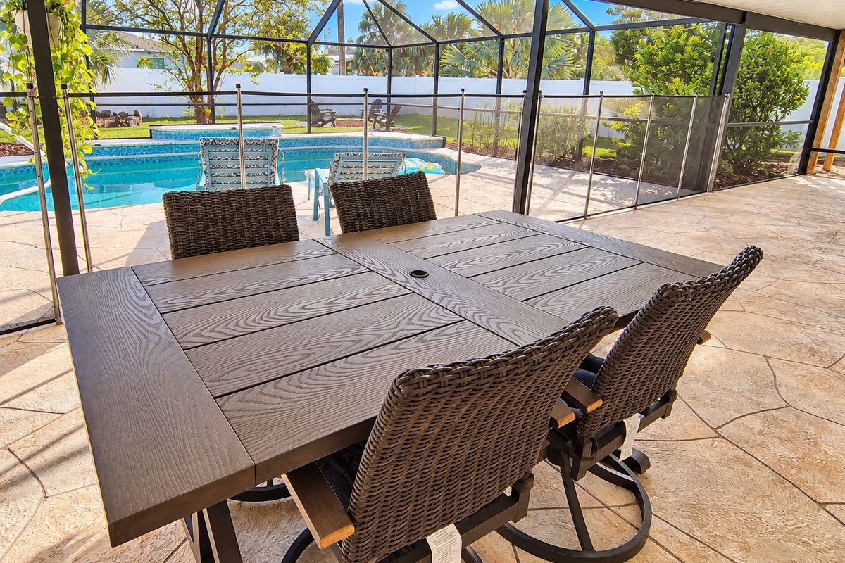 Covered patio table for casual dining and card games in the shade