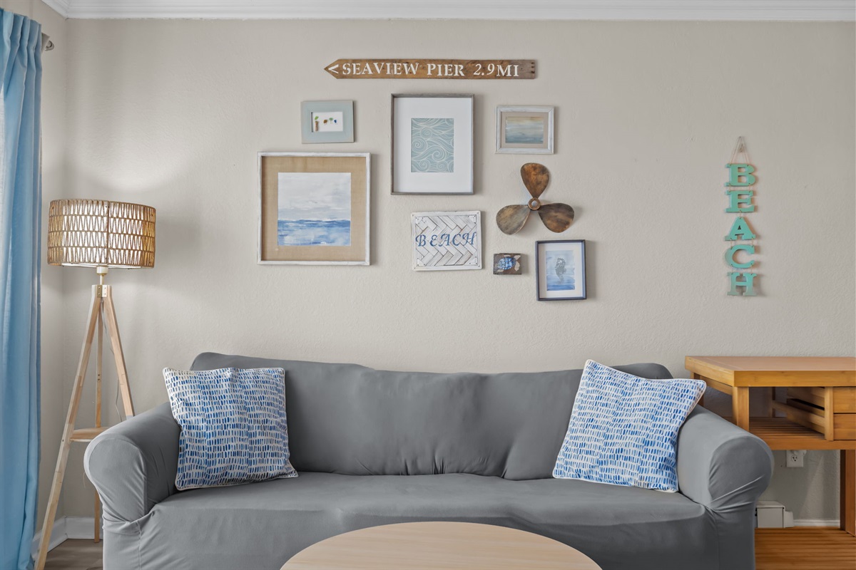 This "gallery wall" was such a fun project...It really is 2.9 miles to the pier from the beach!