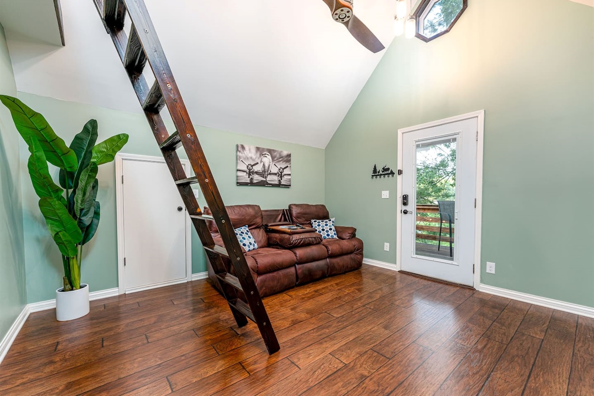 Library ladder folds out for access to loft.