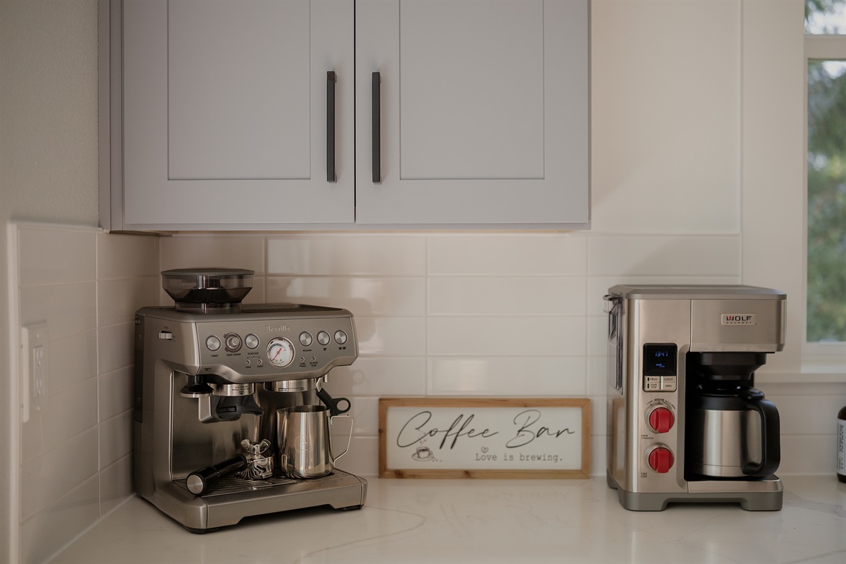 Slow mornings start here. Enjoy espresso or fresh coffee with our Breville espresso maker and luxury Wolf coffee maker.