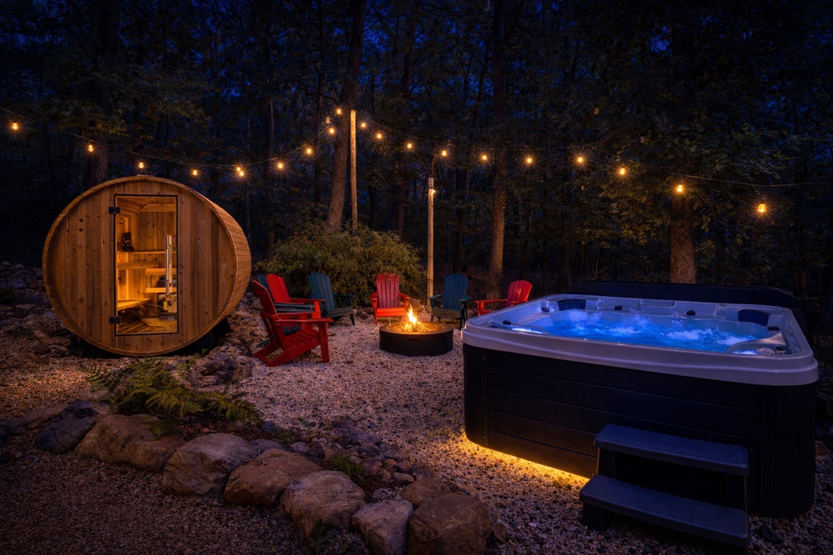 Soak in the glowing hot tub, warm up in the cedar barrel sauna, then gather around the crackling fire pit — all three just steps from your back door under a canopy of string lights.