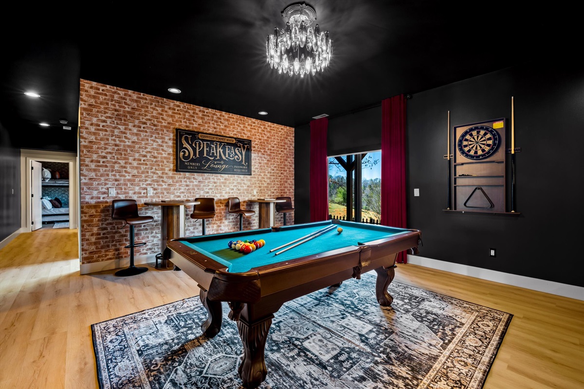 {Speakeasy Bar + Pool Table}
Pour a drink, rack a game, and settle in — where the energy shifts into late-night conversations and just one more round.