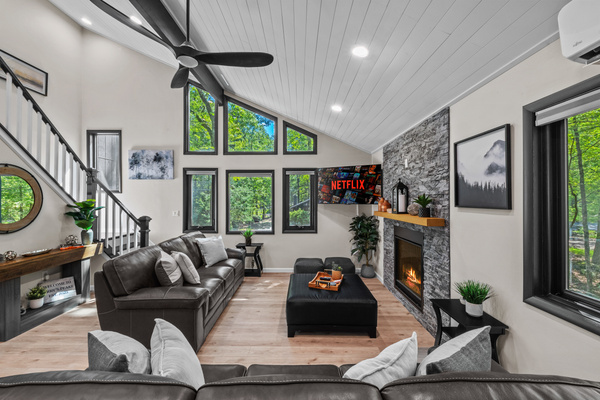 Enjoy a movie night in this bright space