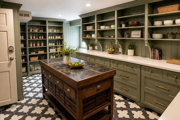 This spacious prep kitchen provides additional workspace for larger gatherings and catered events. Featuring extensive storage, generous counters, open shelving, and a large prep island, it's designed to support the commercial kitchen.