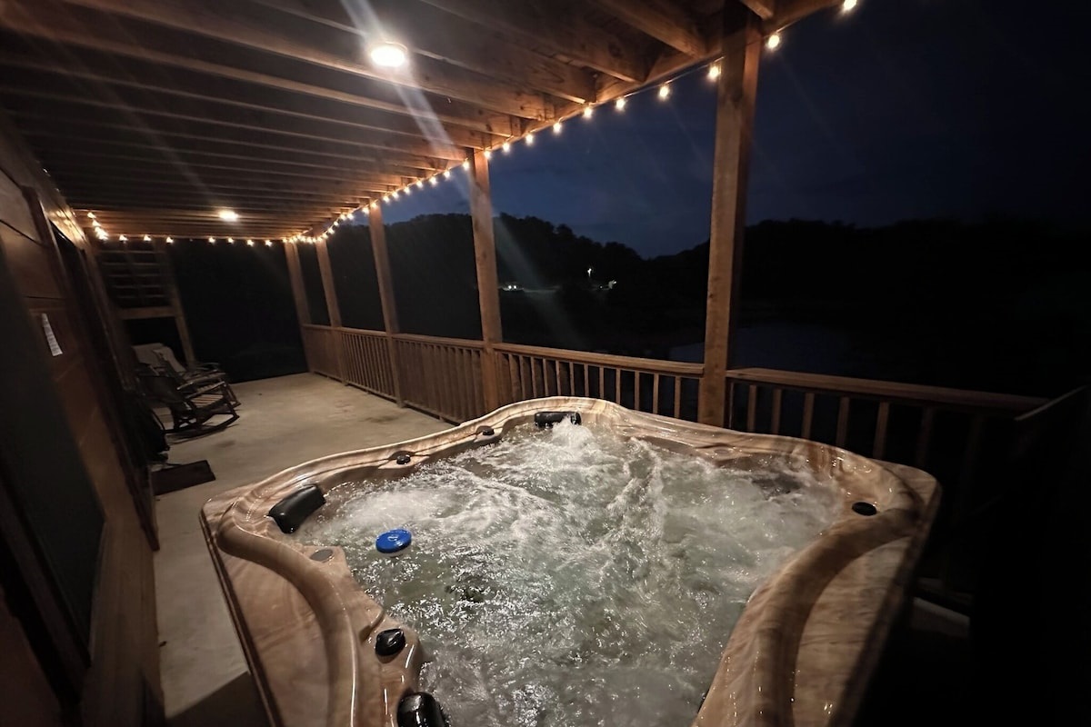 Hot Tub in the Evening under patio lights