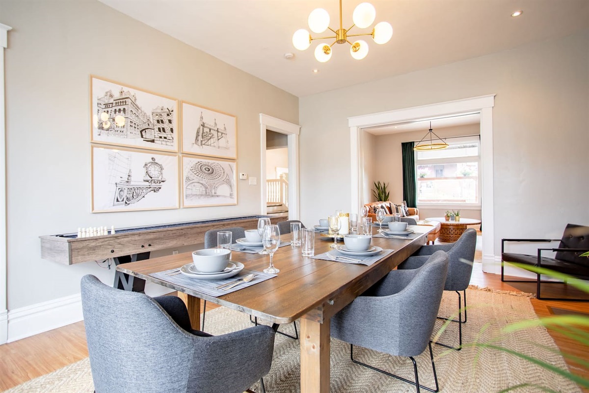Spacious 6-seater dining table, ideal for enjoying meals with family or friends in a comfortable and inviting setting.