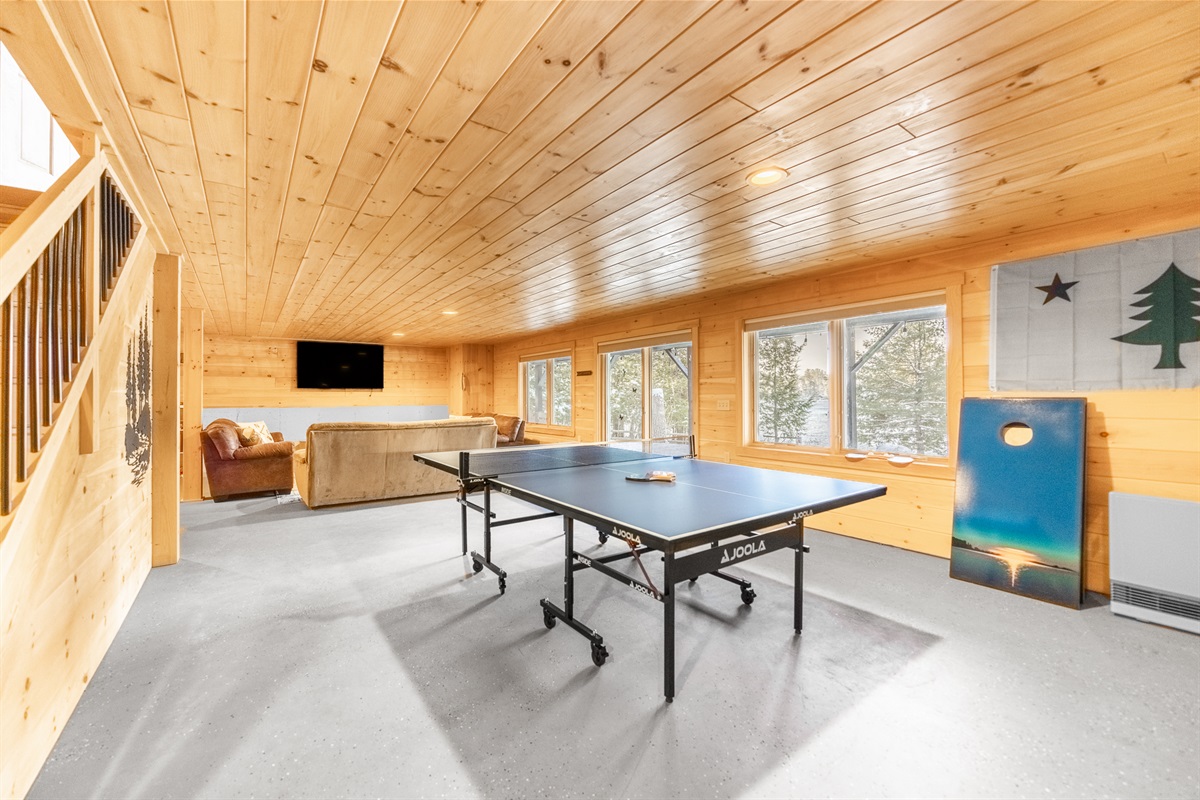 Game room in the basement with pong pong tabel, basketball game, TV seating area, board games