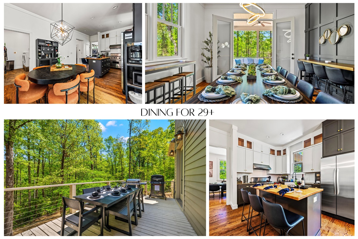 Host unforgettable meals with ease! Between the main dining table, breakfast nook, bar seating, and outdoor deck, there's comfortable space for 29+ guests to dine together in style — indoors and out.