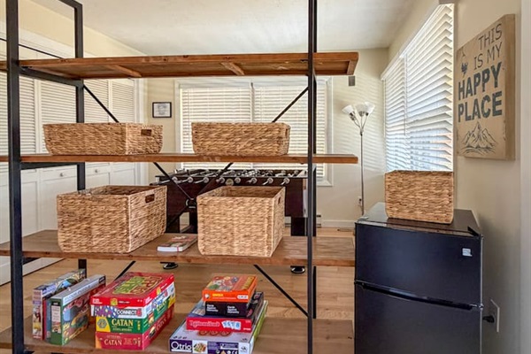 Games, puzzles, and dumbbells for you to enjoy during your stay. Keep a stash of drinks and snacks in the mini fridge for easy access! 